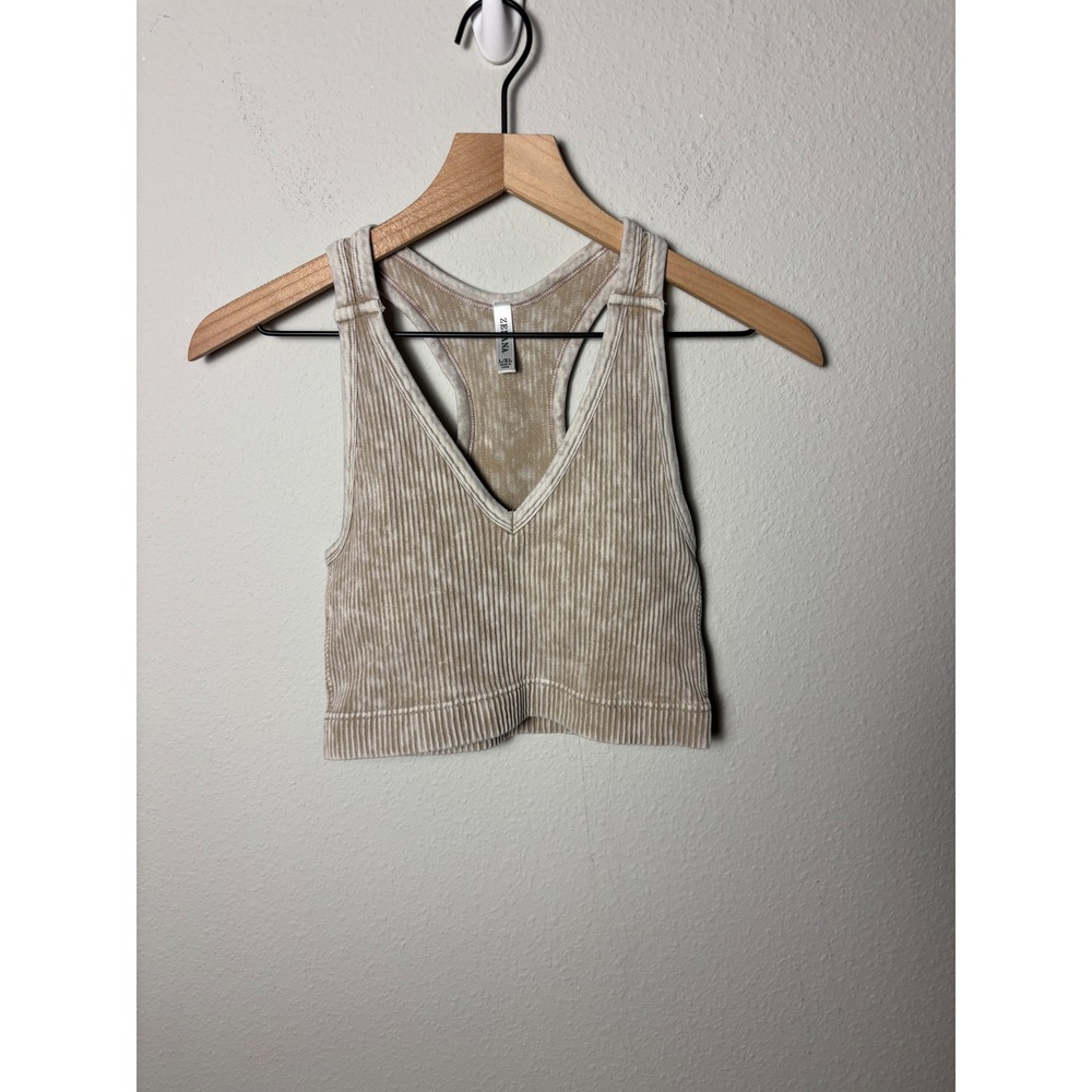 Zenana Ribbed Mineral Wash Racerback Crop Top Tan Beige L/XL